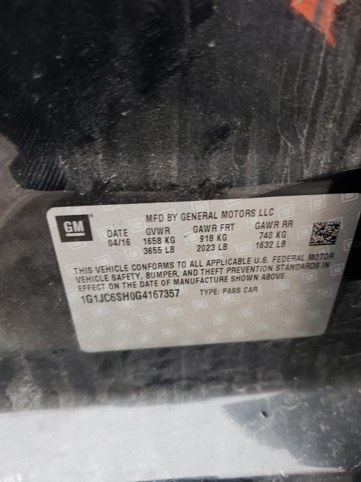 Photo 10 from auction – 2016 CHEVROLET SONIC LT with VIN 1G1JC6SH0G4167357