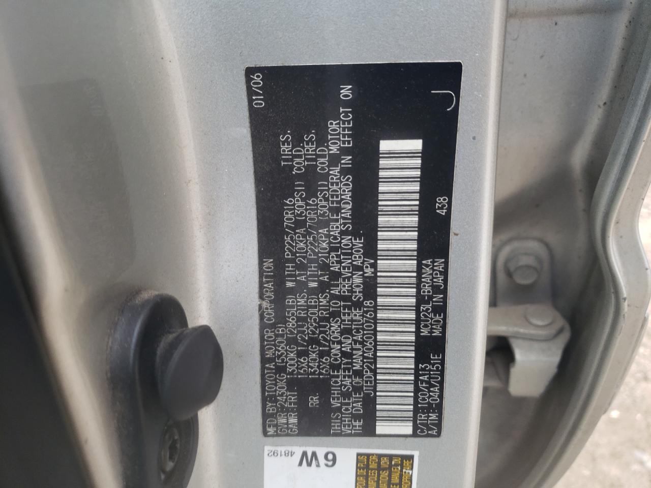 Photo 10 from auction – 2006 TOYOTA HIGHLANDER with VIN JTEDP21A060107618