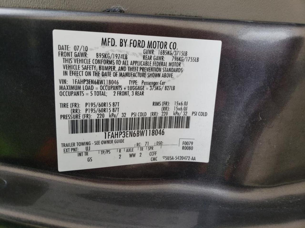 Photo 10 from auction – 2011 FORD FOCUS S with VIN 1FAHP3EN6BW118046
