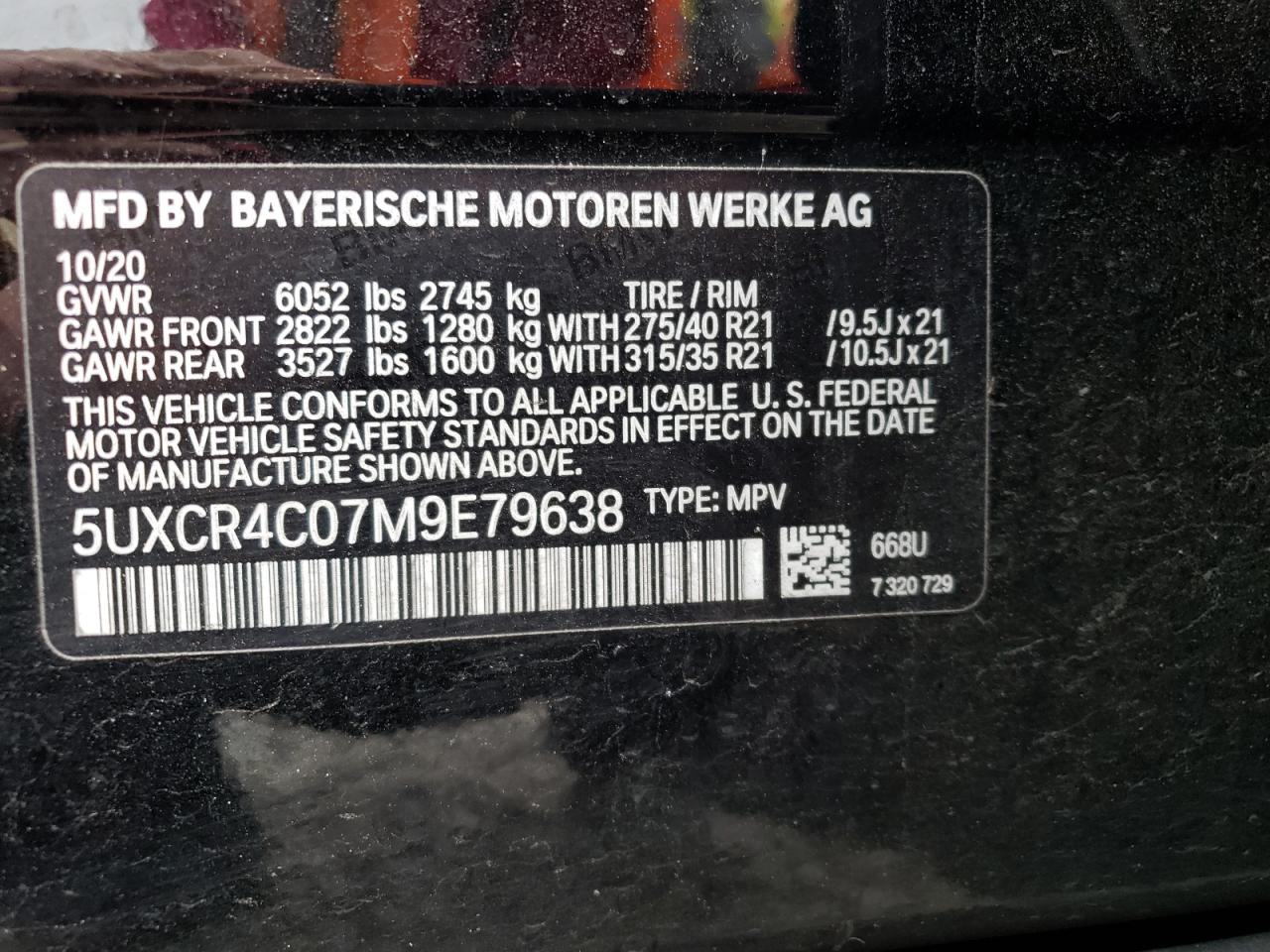 Photo 10 from auction – 2021 BMW X5 SDRIVE with VIN 5UXCR4C07M9E79638