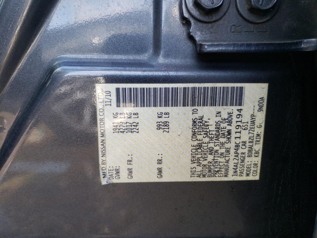 Photo 10 from auction – 2011 NISSAN ALTIMA BAS with VIN 1N4AL2AP4BC119194