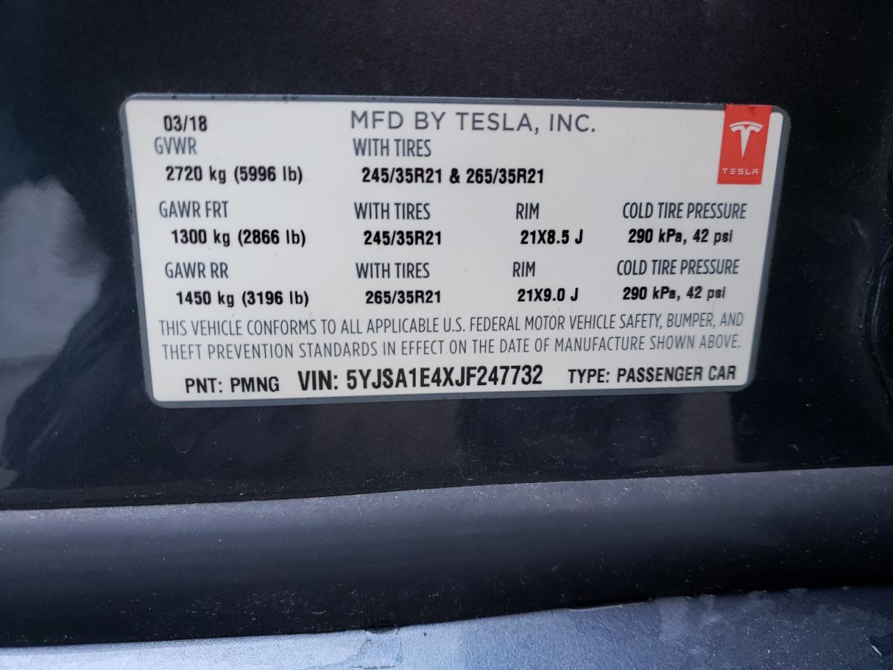 Photo 10 from auction – 2018 TESLA MODEL S with VIN 5YJSA1E4XJF247732