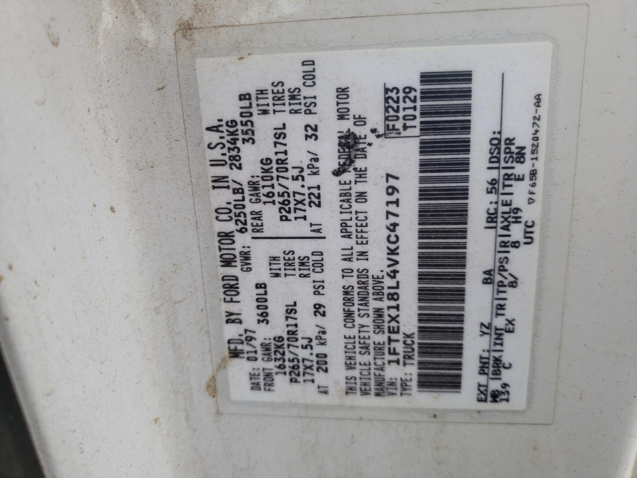 Photo 10 from auction – 1997 FORD F150 with VIN 1FTEX18L4VKC47197