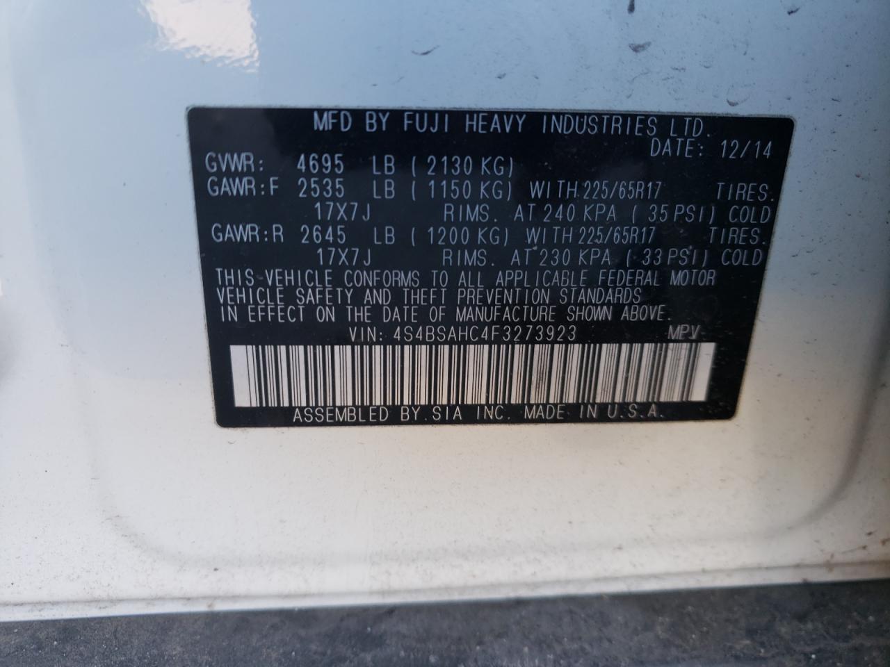Photo 10 from auction – 2015 SUBARU OUTBACK 2. with VIN 4S4BSAHC4F3273923