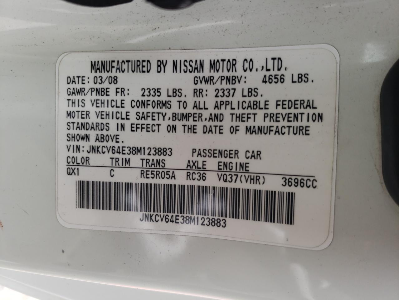 Photo 10 from auction – 2008 INFINITI G37 BASE with VIN JNKCV64E38M123883