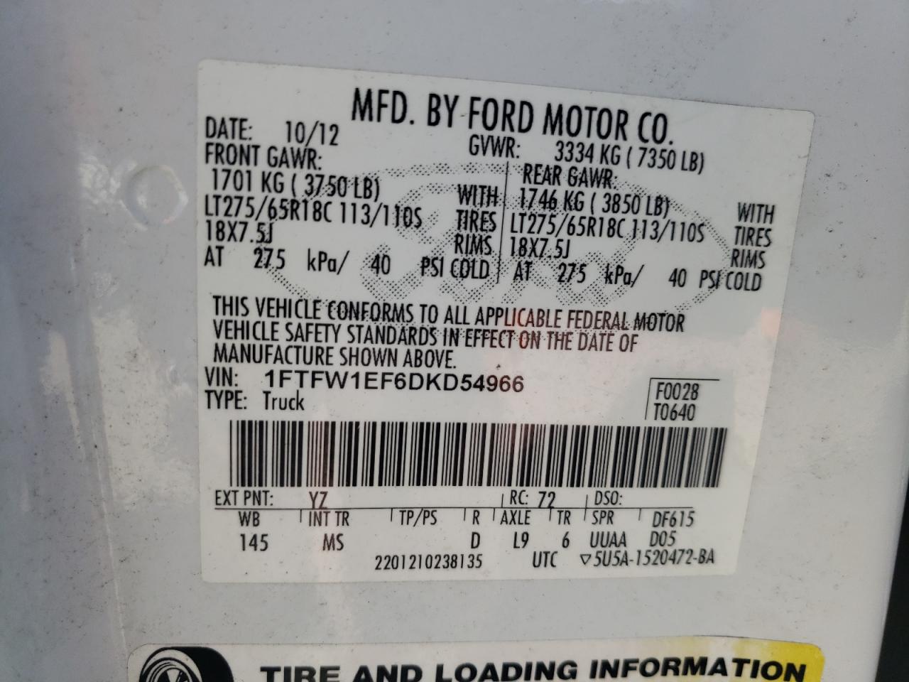 Photo 10 from auction – 2013 FORD F150 SUPER with VIN 1FTFW1EF6DKD54966