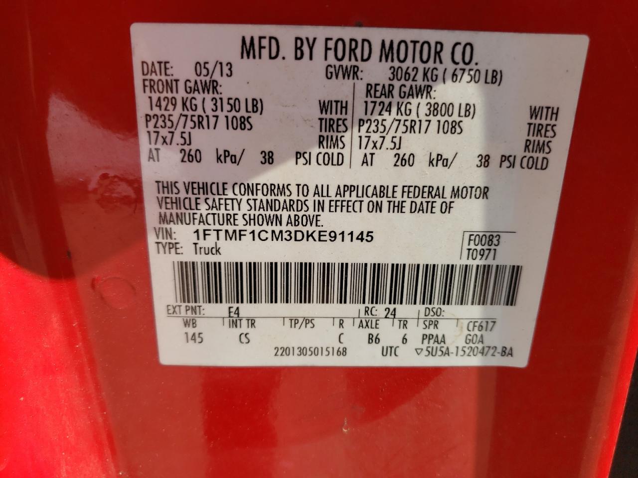Photo 10 from auction – 2013 FORD F150 with VIN 1FTMF1CM3DKE91145