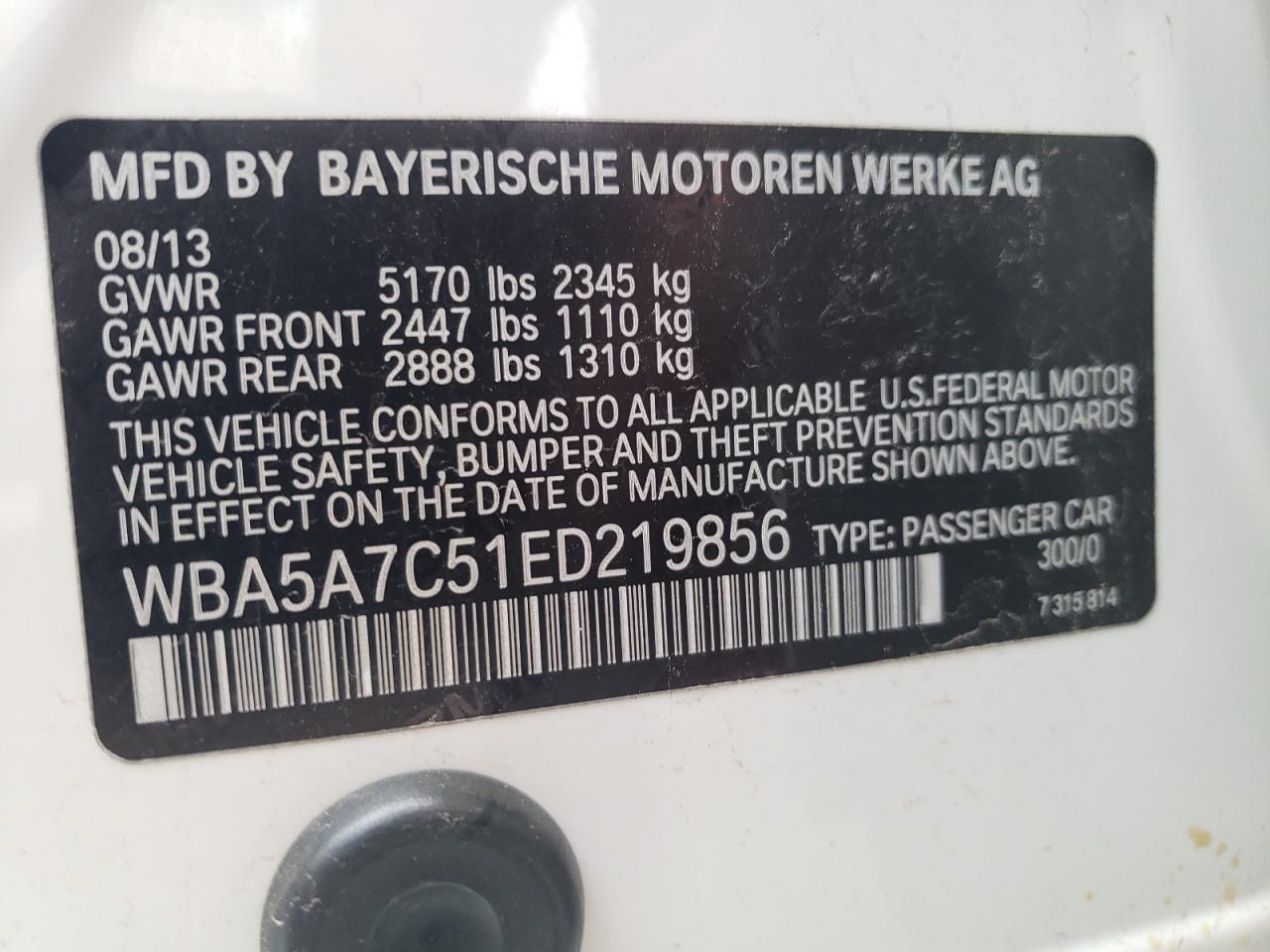 Photo 10 from auction – 2014 BMW 528 XI with VIN WBA5A7C51ED219856