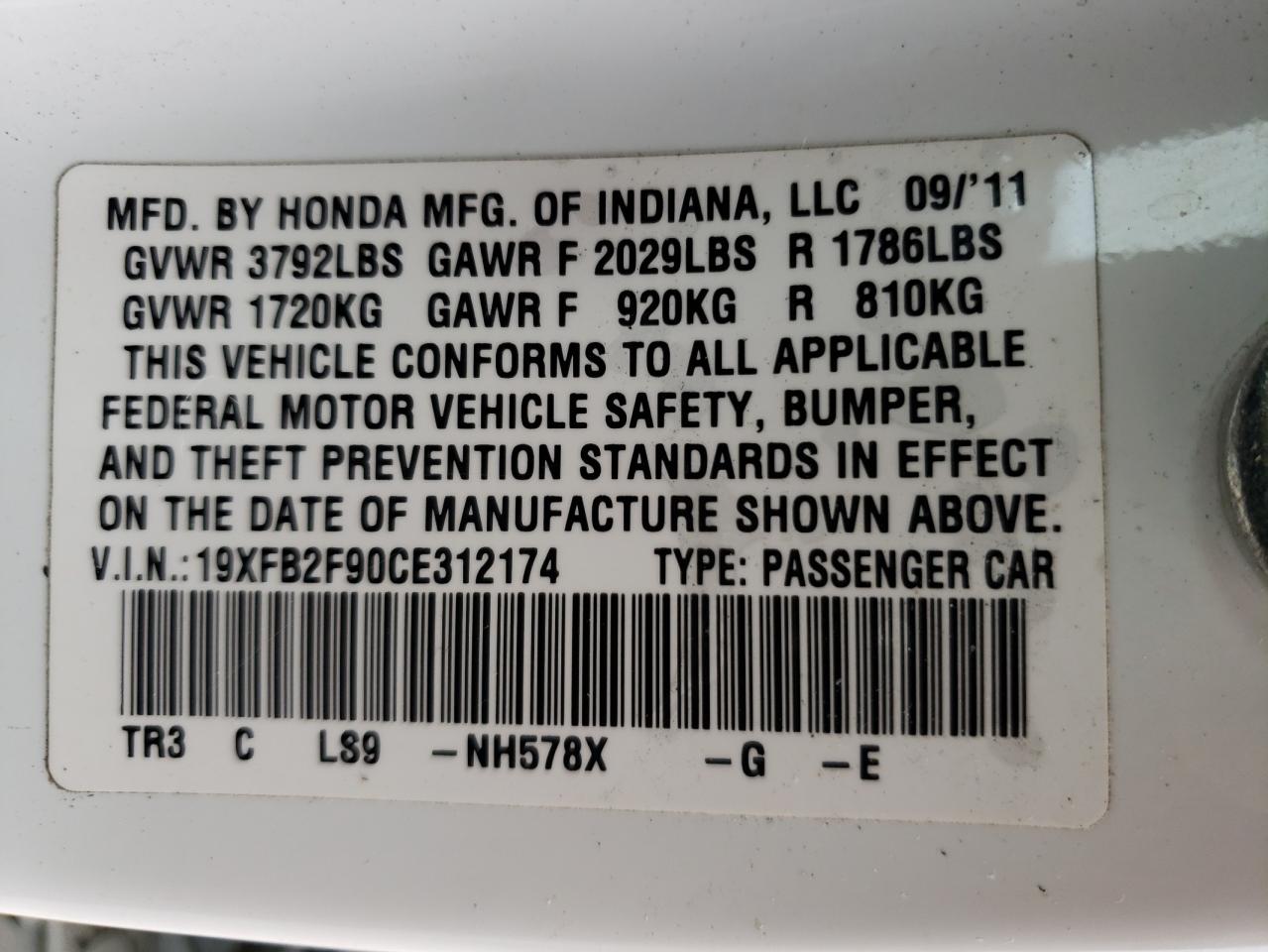 Zdjęcie 10 z aukcji – 2012 HONDA CIVIC EXL z VIN 19XFB2F90CE312174