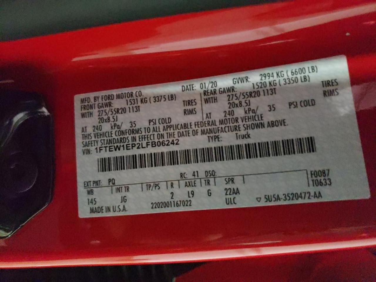Photo 10 from auction – 2020 FORD F150 SUPER with VIN 1FTEW1EP2LFB06242