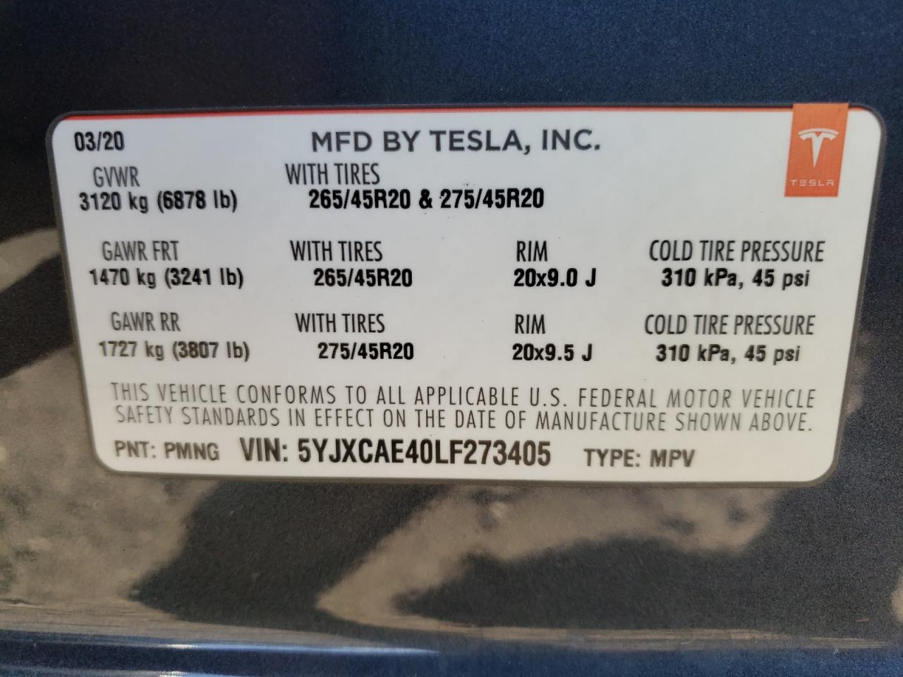 Photo 10 from auction – 2020 TESLA MODEL X with VIN 5YJXCAE40LF273405