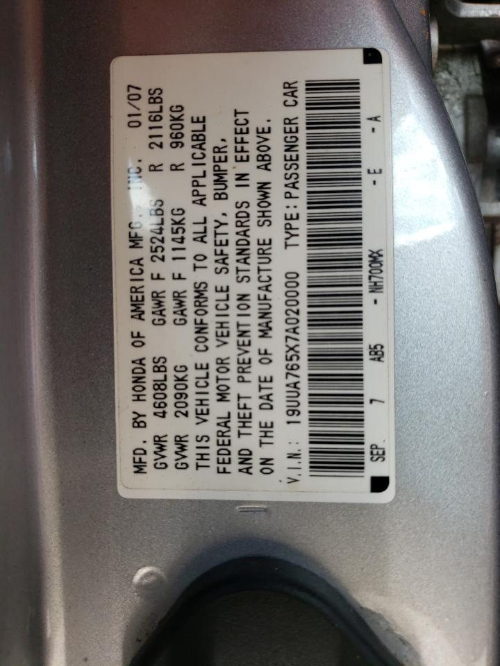 Photo 10 from auction – 2007 ACURA TL TYPE S with VIN 19UUA765X7A020000