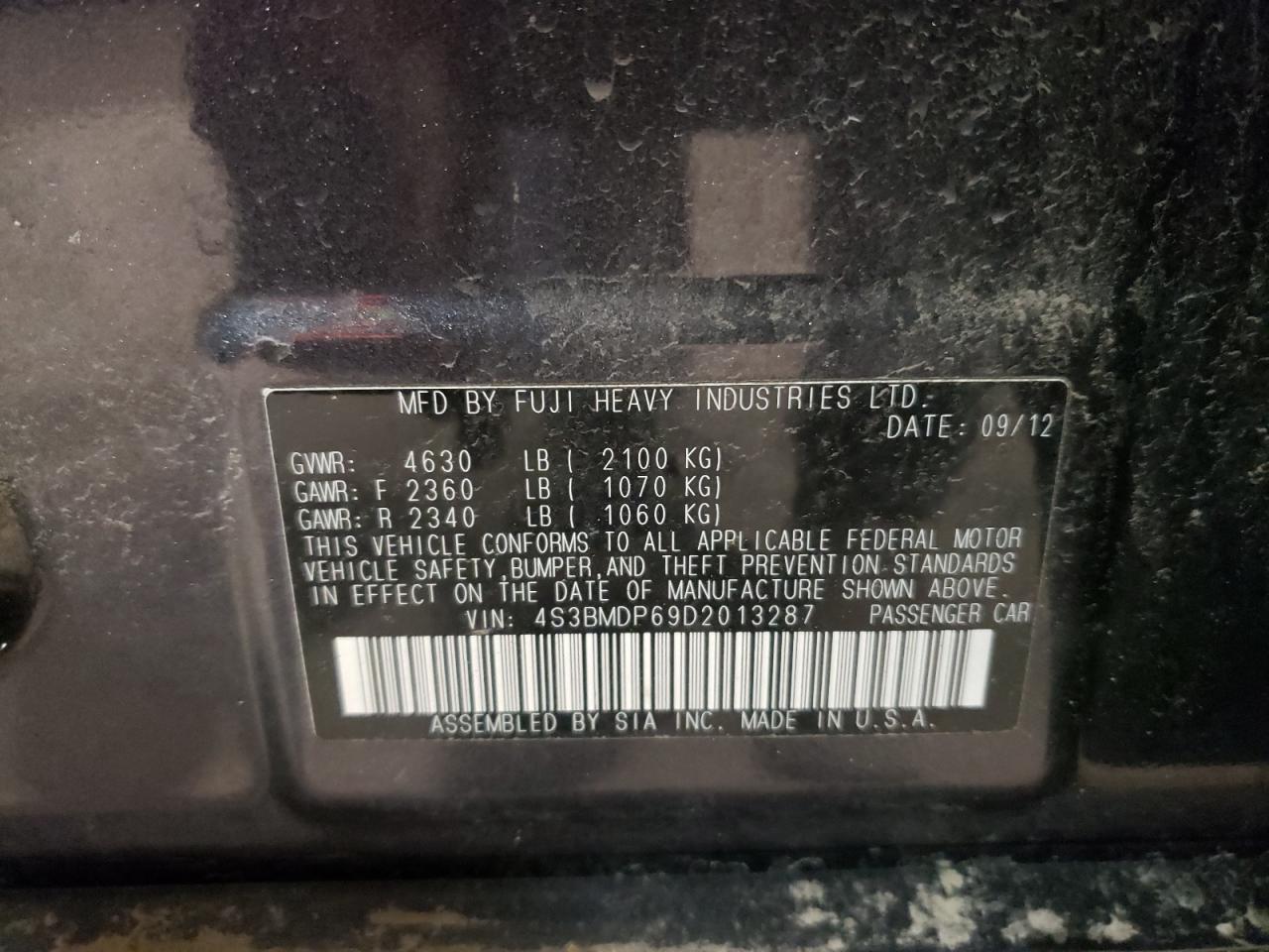 Photo 10 from auction – 2013 SUBARU LEGACY with VIN 4S3BMDP69D2013287