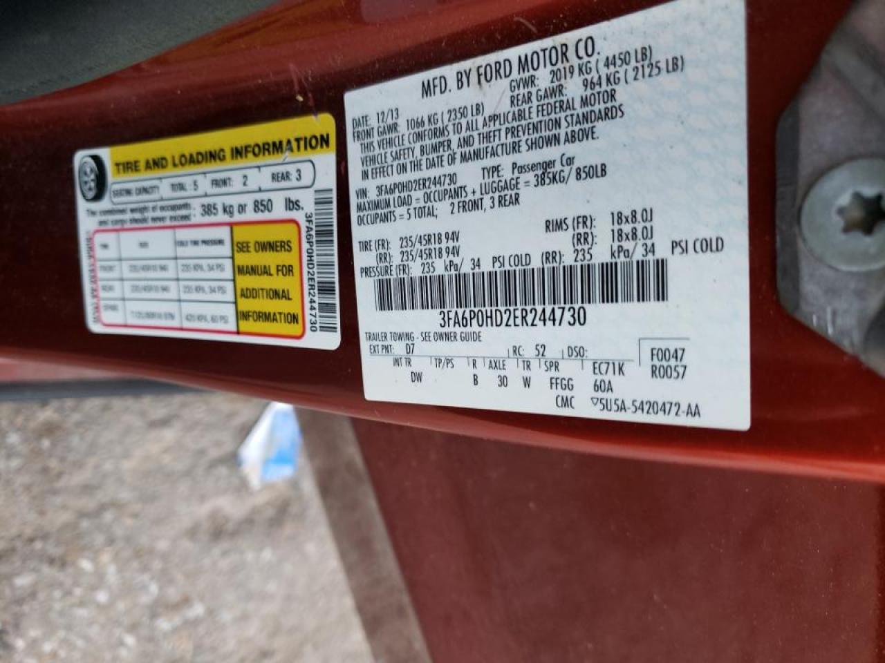 Photo 10 from auction – 2014 FORD FUSION SE with VIN 3FA6P0HD2ER244730