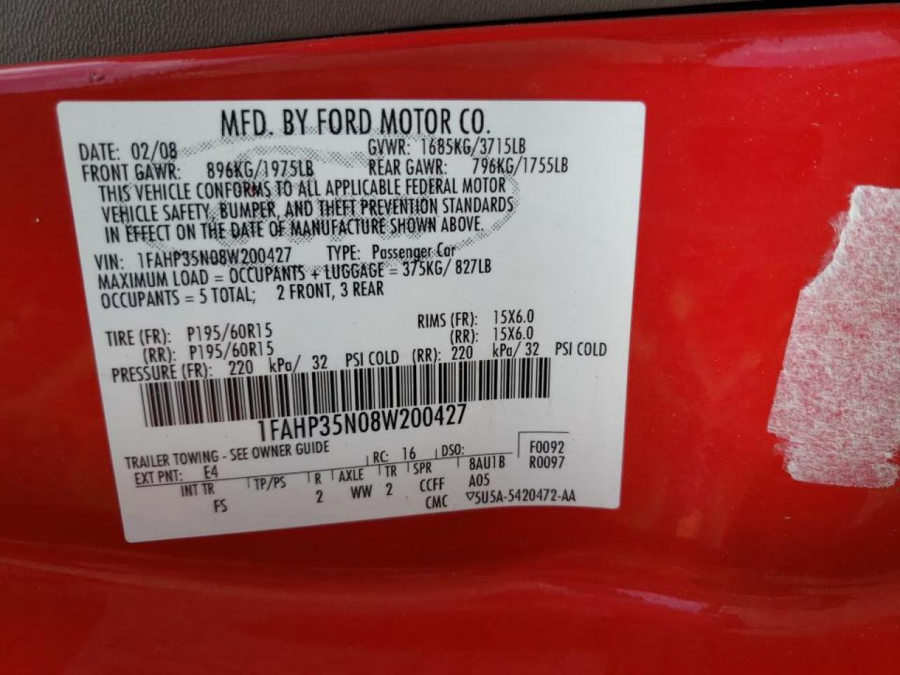 Photo 10 from auction – 2008 FORD FOCUS SE with VIN 1FAHP35N08W200427