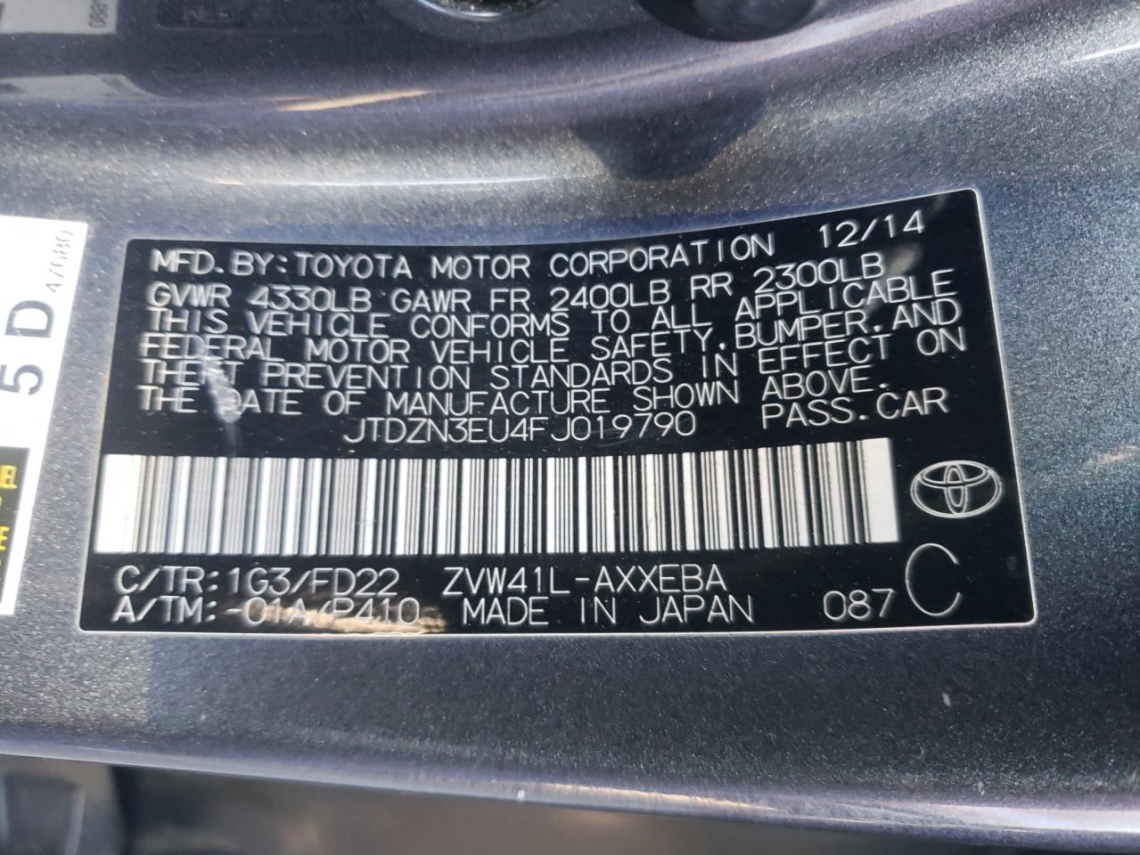 Photo 10 from auction – 2015 TOYOTA PRIUS with VIN JTDZN3EU4FJ019790