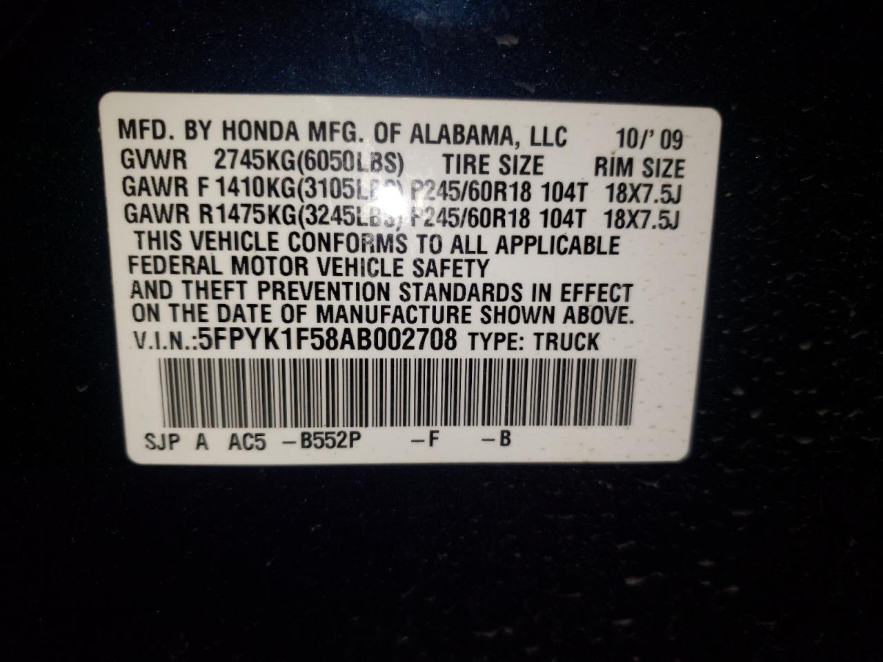Photo 10 from auction – 2010 HONDA RIDGELINE with VIN 5FPYK1F58AB002708