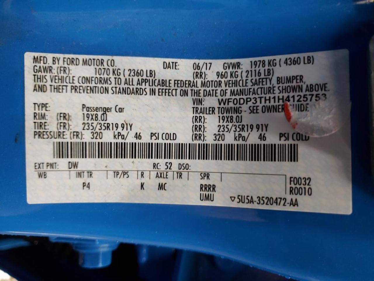 Photo 10 from auction – 2017 FORD FOCUS RS with VIN WF0DP3TH1H4125753