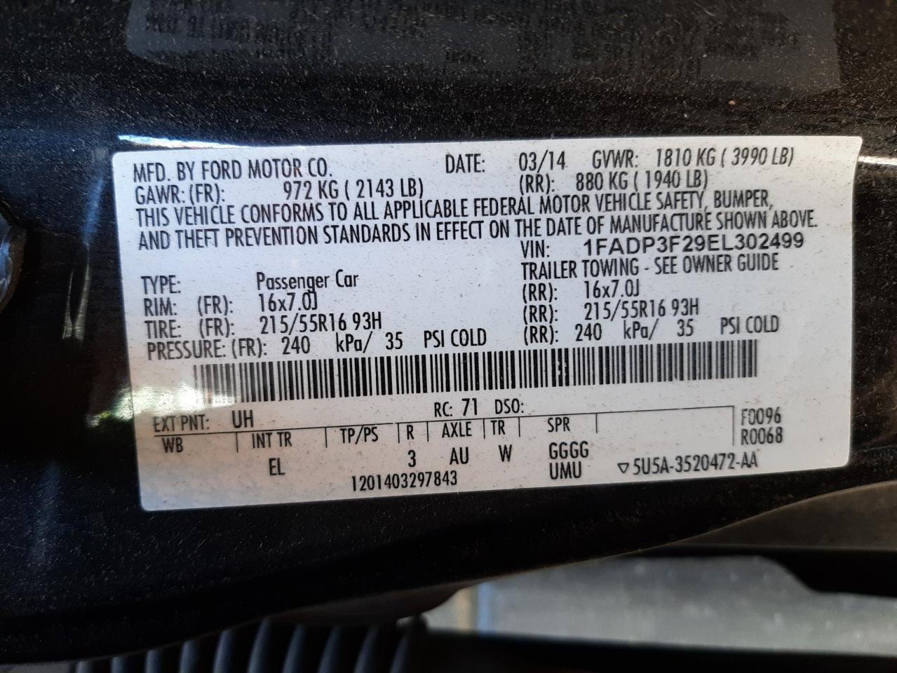 Photo 10 from auction – 2014 FORD FOCUS SE with VIN 1FADP3F29EL302499