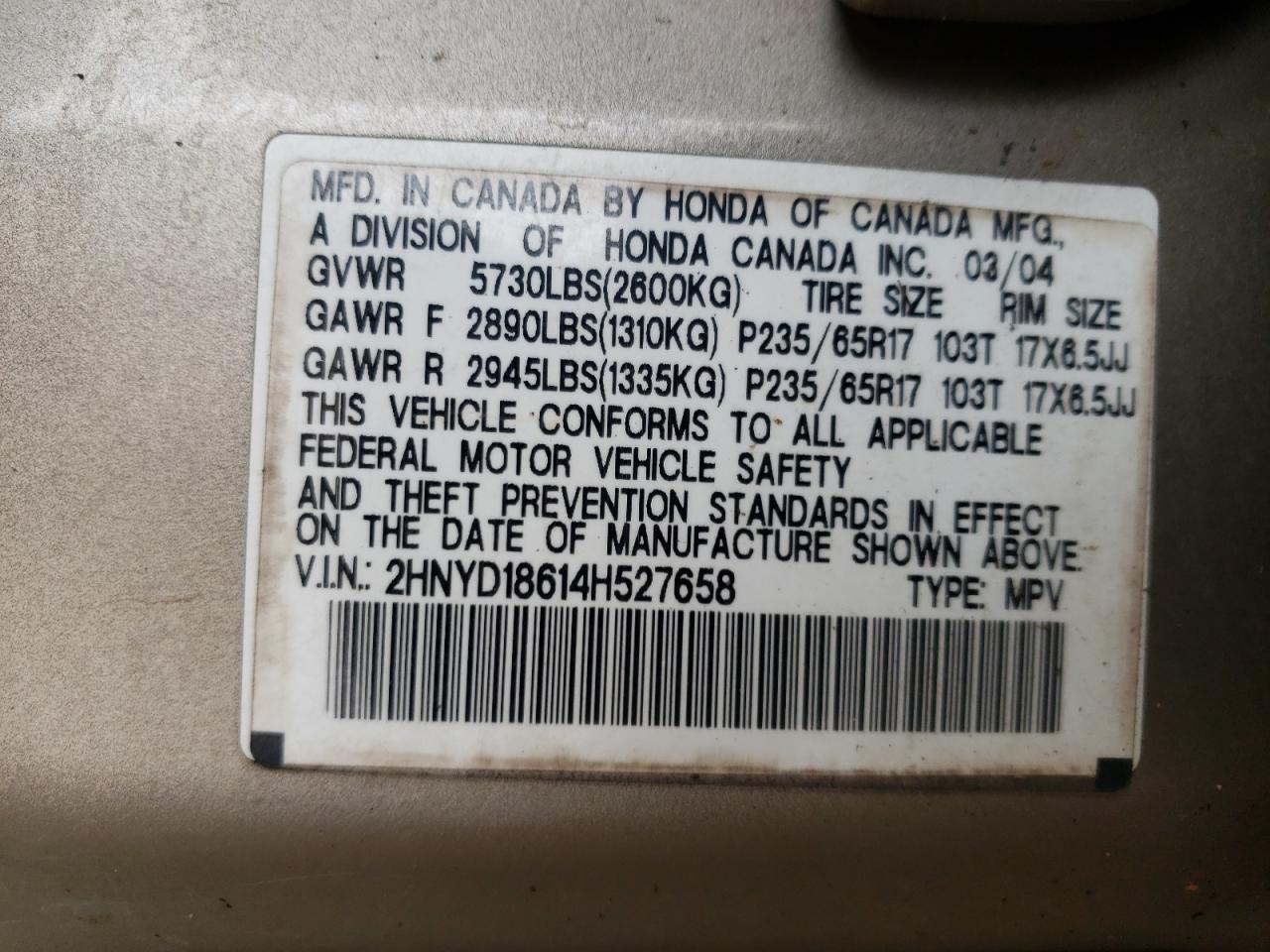 Photo 10 from auction – 2004 ACURA MDX with VIN 2HNYD18614H527658