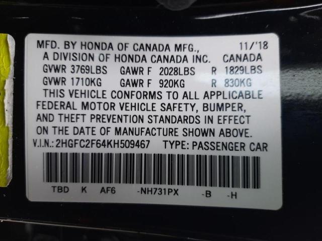 Photo 10 from auction – 2019 HONDA CIVIC LX with VIN 2HGFC2F64KH509467