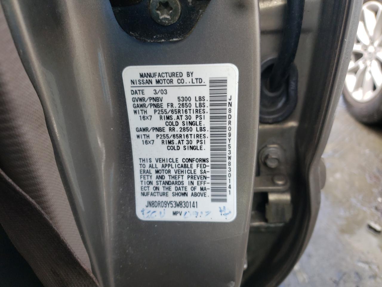 Photo 10 from auction – 2003 NISSAN PATHFINDER with VIN JN8DR09Y53W830141
