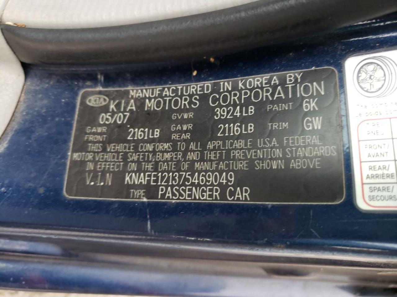 Photo 10 from auction – 2007 KIA SPECTRA EX with VIN KNAFE121375469049
