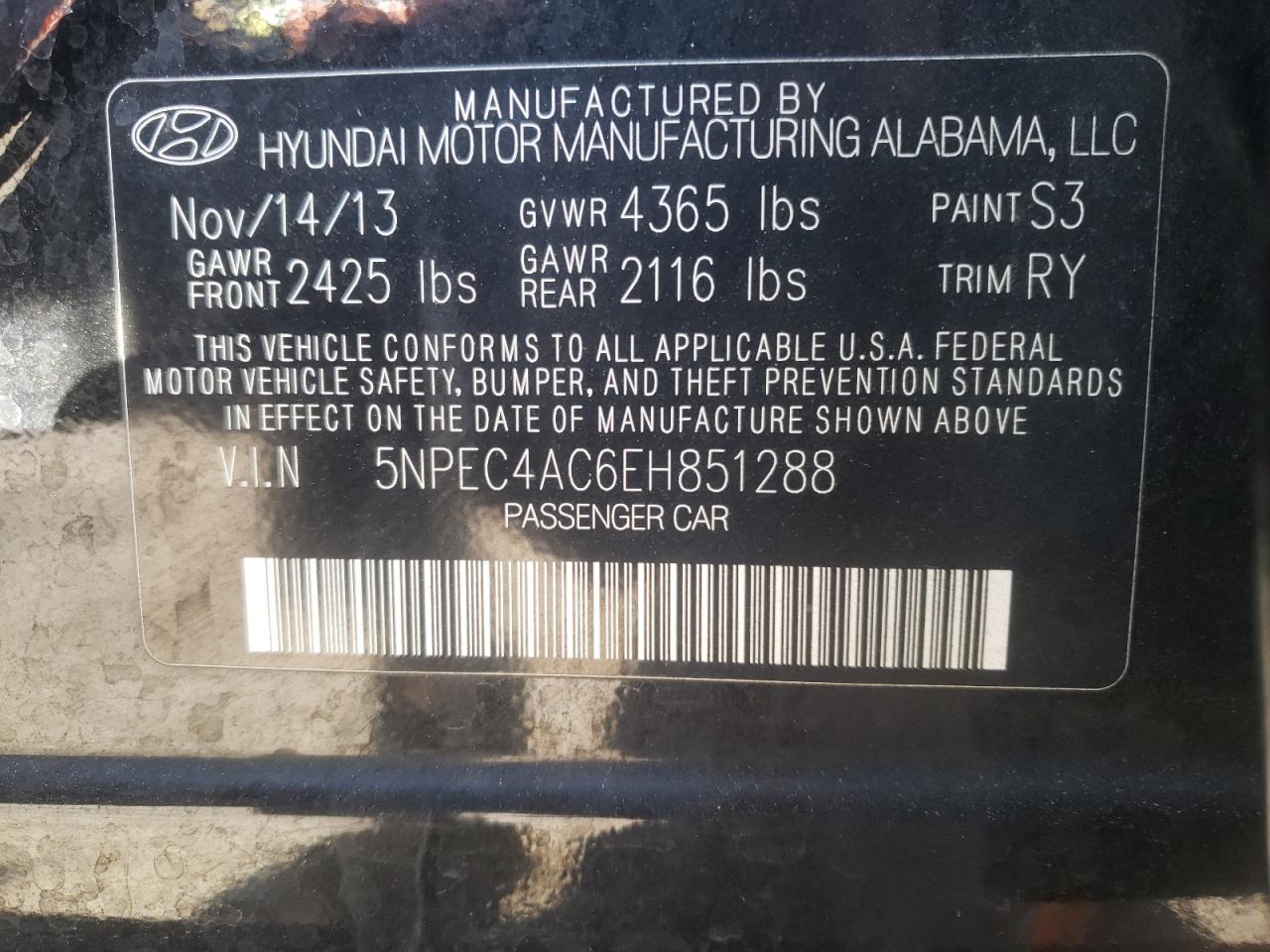 Photo 10 from auction – 2014 HYUNDAI SONATA SE with VIN 5NPEC4AC6EH851288