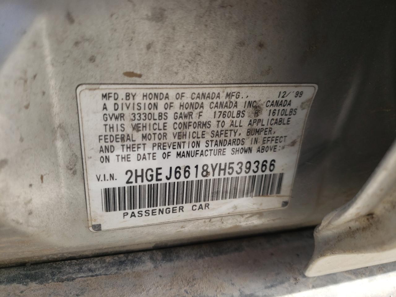 Photo 10 from auction – 2000 HONDA CIVIC BASE with VIN 2HGEJ6618YH539366
