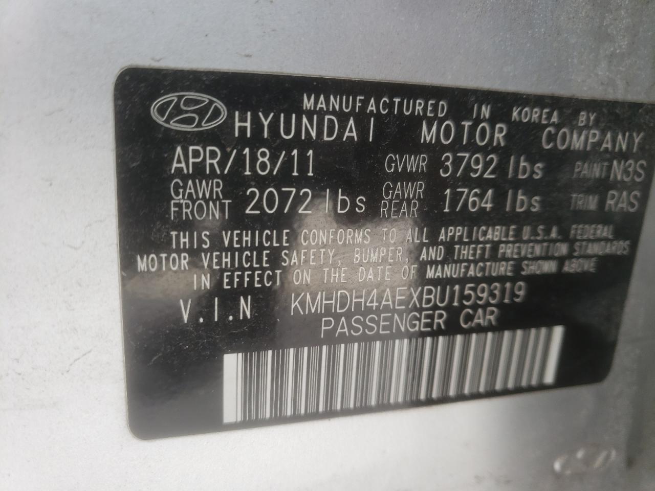 Photo 10 from auction – 2011 HYUNDAI ELANTRA GL with VIN KMHDH4AEXBU159319