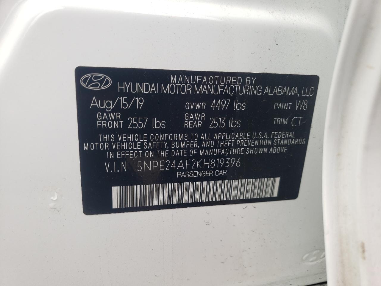 Photo 10 from auction – 2019 HYUNDAI SONATA SE with VIN 5NPE24AF2KH819396
