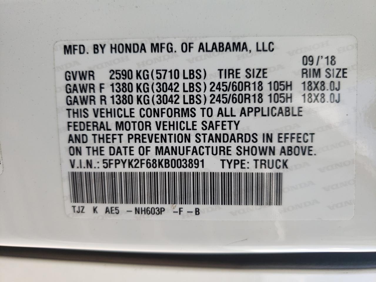 Photo 10 from auction – 2019 HONDA RIDGELINE with VIN 5FPYK2F68KB003891