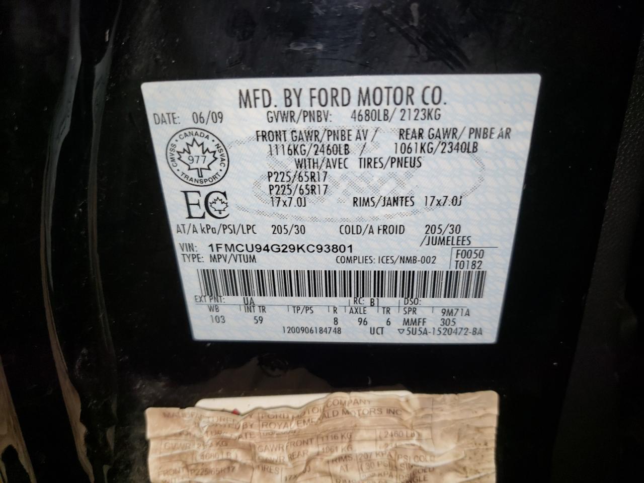 Photo 10 from auction – 2009 FORD ESCAPE LIM with VIN 1FMCU94G29KC93801