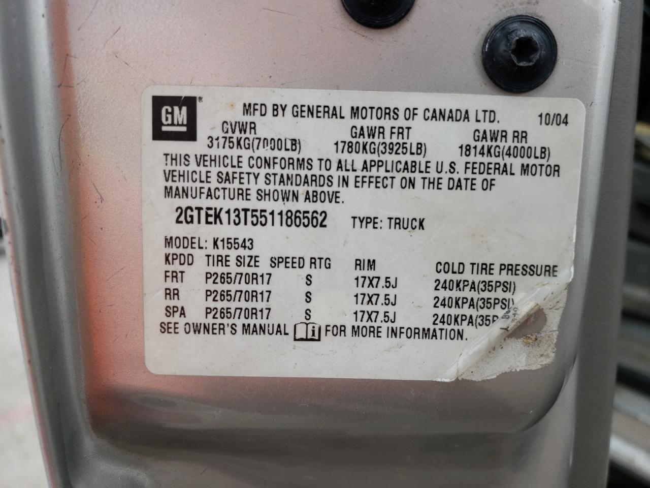 Photo 10 from auction – 2005 GMC SIERRA with VIN 2GTEK13T551186562