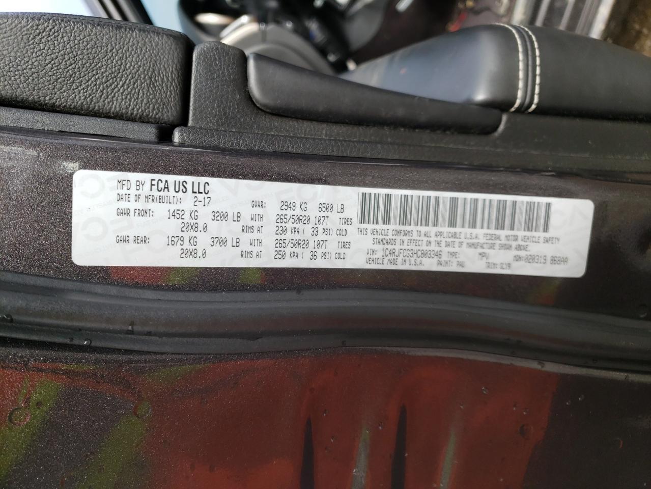 Photo 10 from auction – 2017 JEEP GRAND CHER with VIN 1C4RJFCG3HC803346
