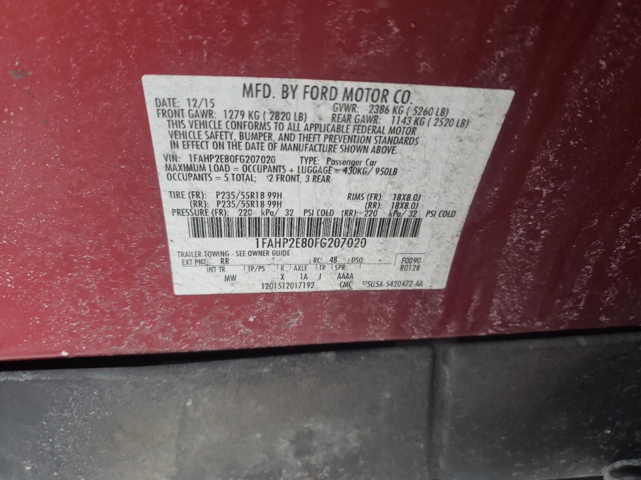 Photo 10 from auction – 2015 FORD TAURUS SEL with VIN 1FAHP2E80FG207020
