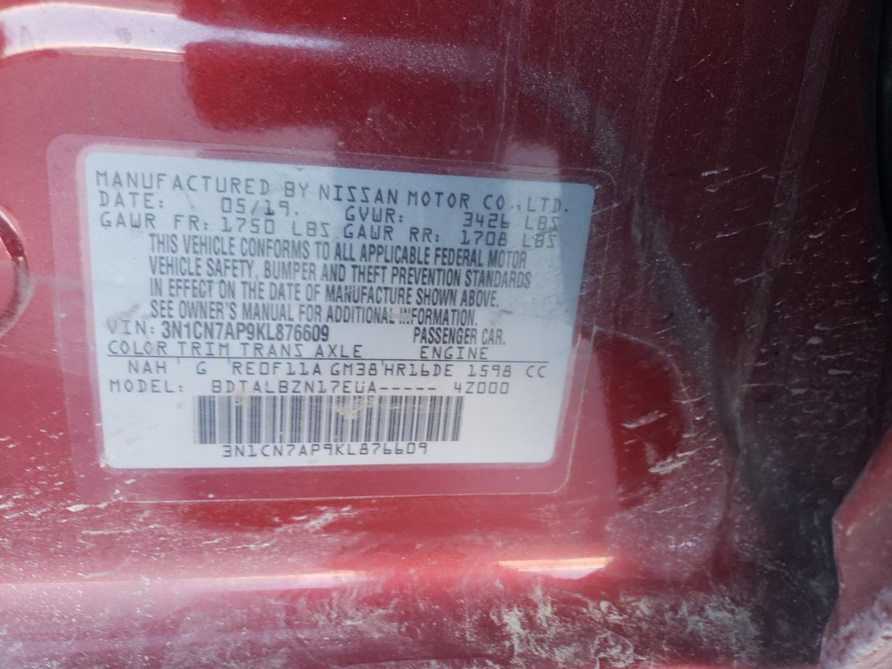 Photo 10 from auction – 2019 NISSAN VERSA S with VIN 3N1CN7AP9KL876609