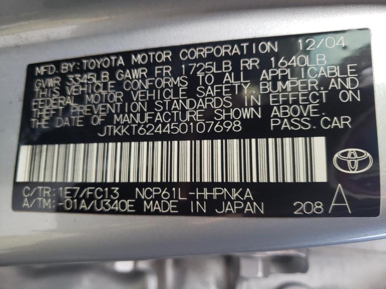 Photo 10 from auction – 2005 TOYOTA SCION XA with VIN JTKKT624450107698
