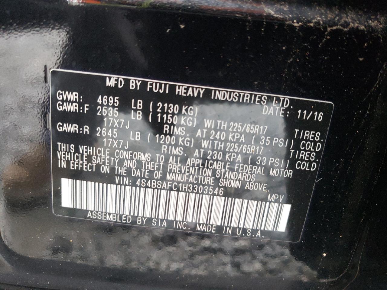 Photo 10 from auction – 2017 SUBARU OUTBACK 2. with VIN 4S4BSAFC1H3303546