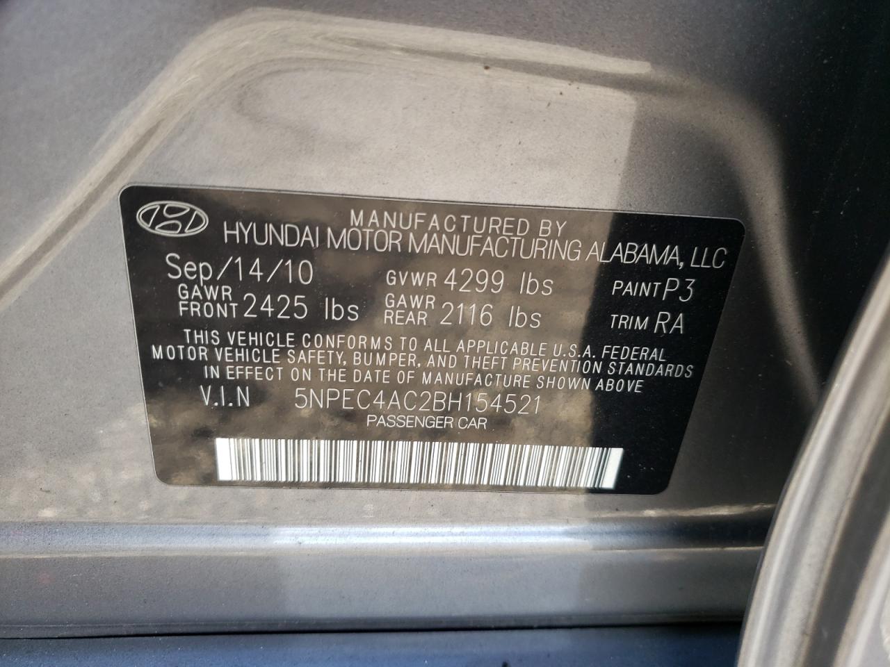 Photo 10 from auction – 2011 HYUNDAI SONATA SE with VIN 5NPEC4AC2BH154521