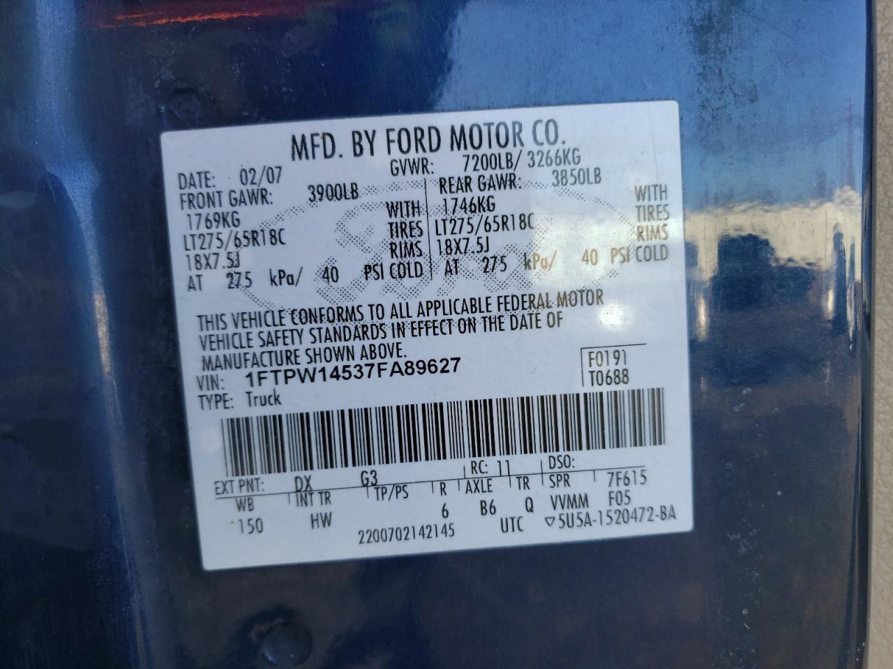 Photo 10 from auction – 2007 FORD F150 SUPER with VIN 1FTPW14537FA89627