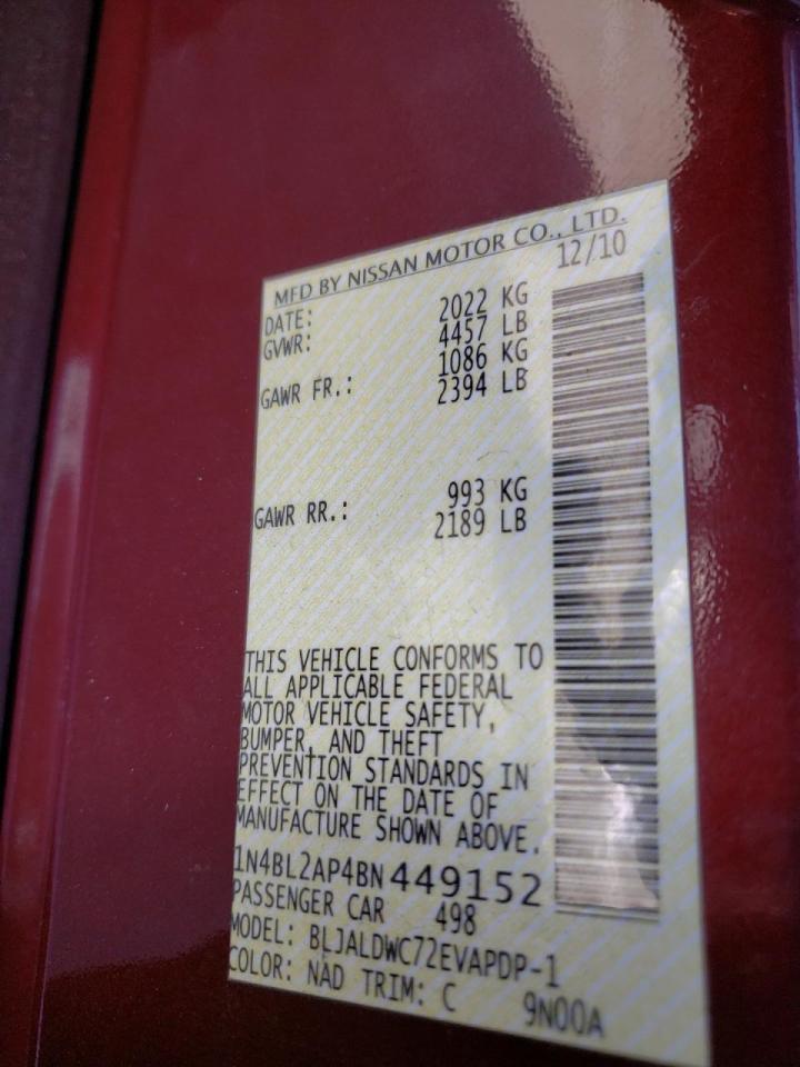 Photo 10 from auction – 2011 NISSAN ALTIMA SR with VIN 1N4BL2AP4BN449152