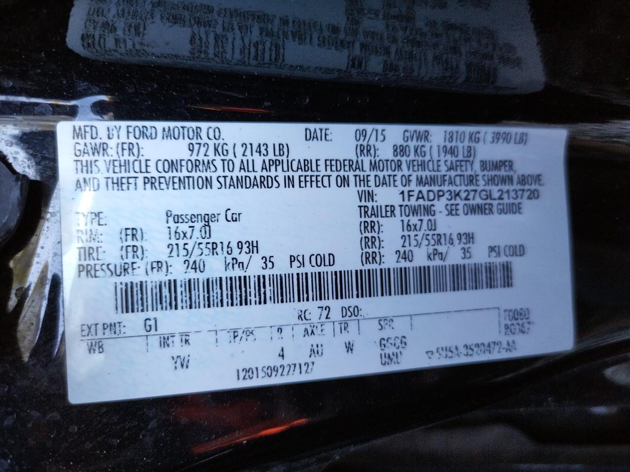 Photo 10 from auction – 2016 FORD FOCUS SE with VIN 1FADP3K27GL213720