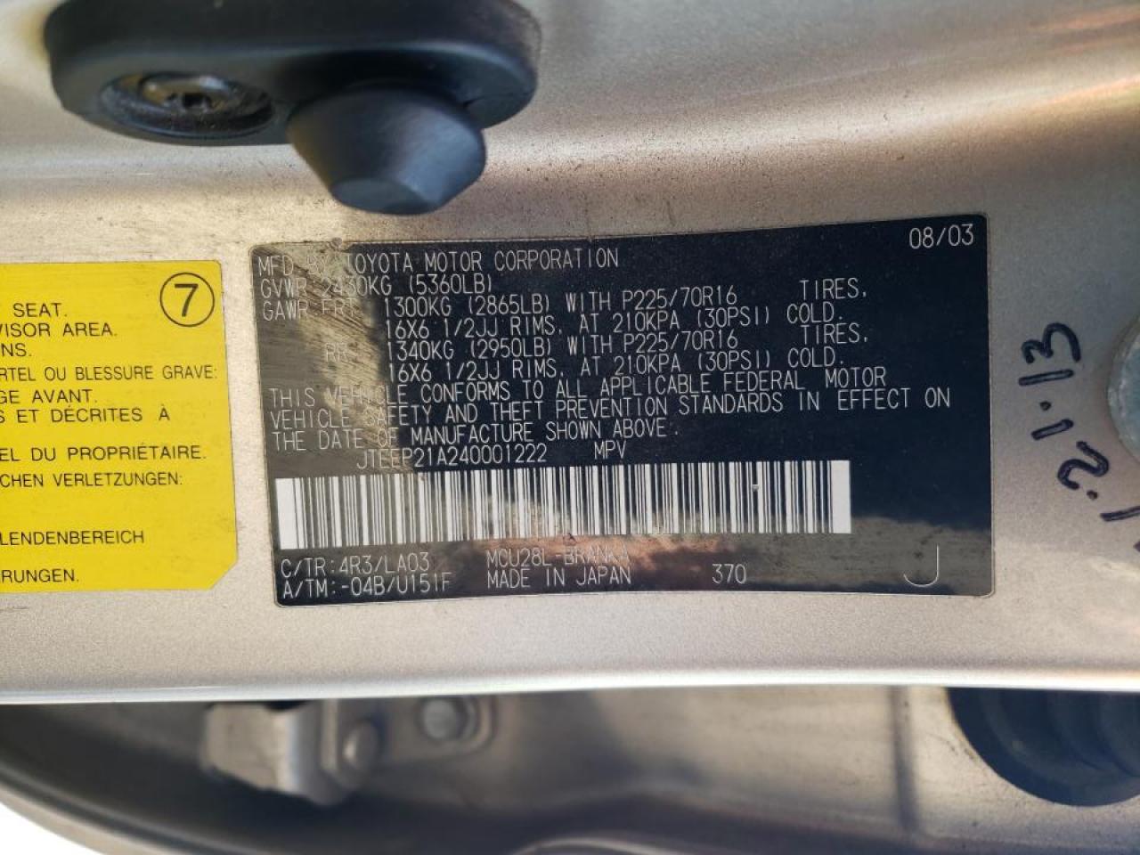 Photo 10 from auction – 2004 TOYOTA HIGHLANDER with VIN JTEEP21A240001222