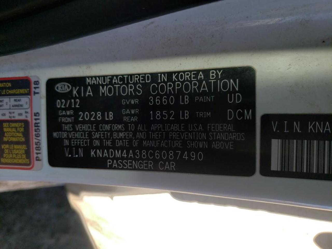 Photo 10 from auction – 2012 KIA RIO LX with VIN KNADM4A38C6087490