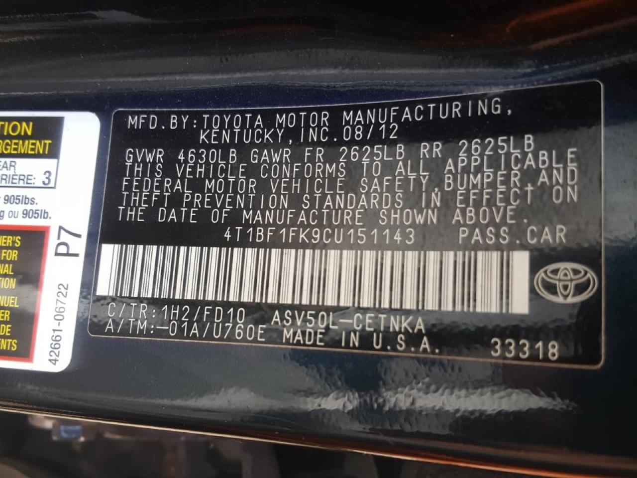 Photo 13 from auction – 2012 TOYOTA CAMRY BASE with VIN 4T1BF1FK9CU151143