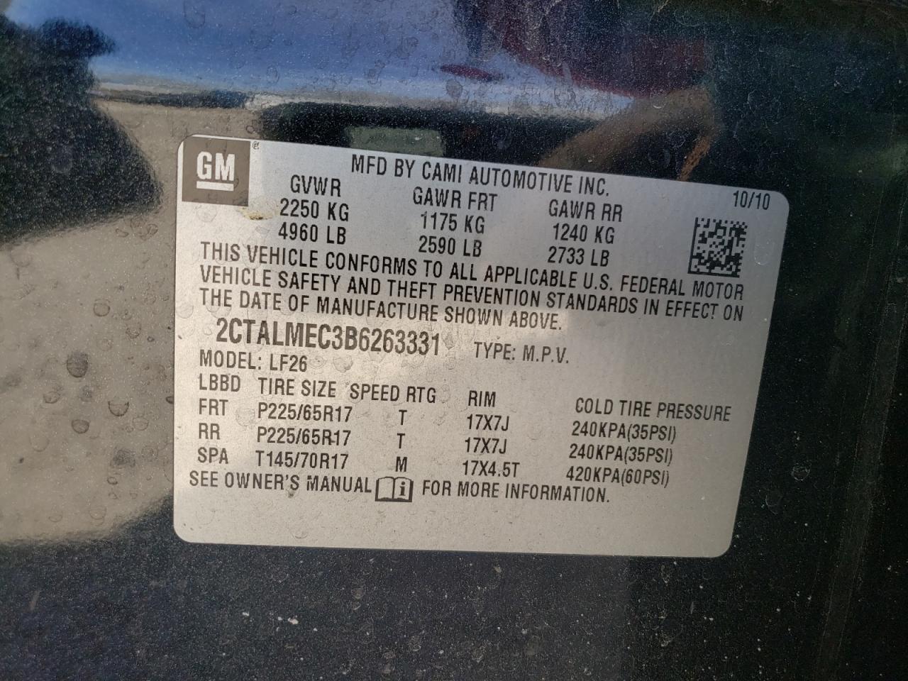 Photo 10 from auction – 2011 GMC TERRAIN SL with VIN 2CTALMEC3B6263331