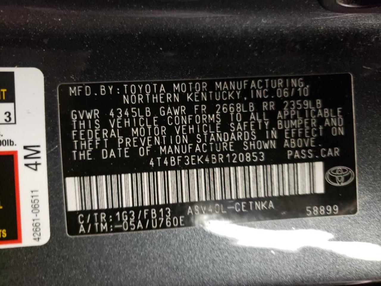 Photo 10 from auction – 2011 TOYOTA CAMRY BASE with VIN 4T4BF3EK4BR120853