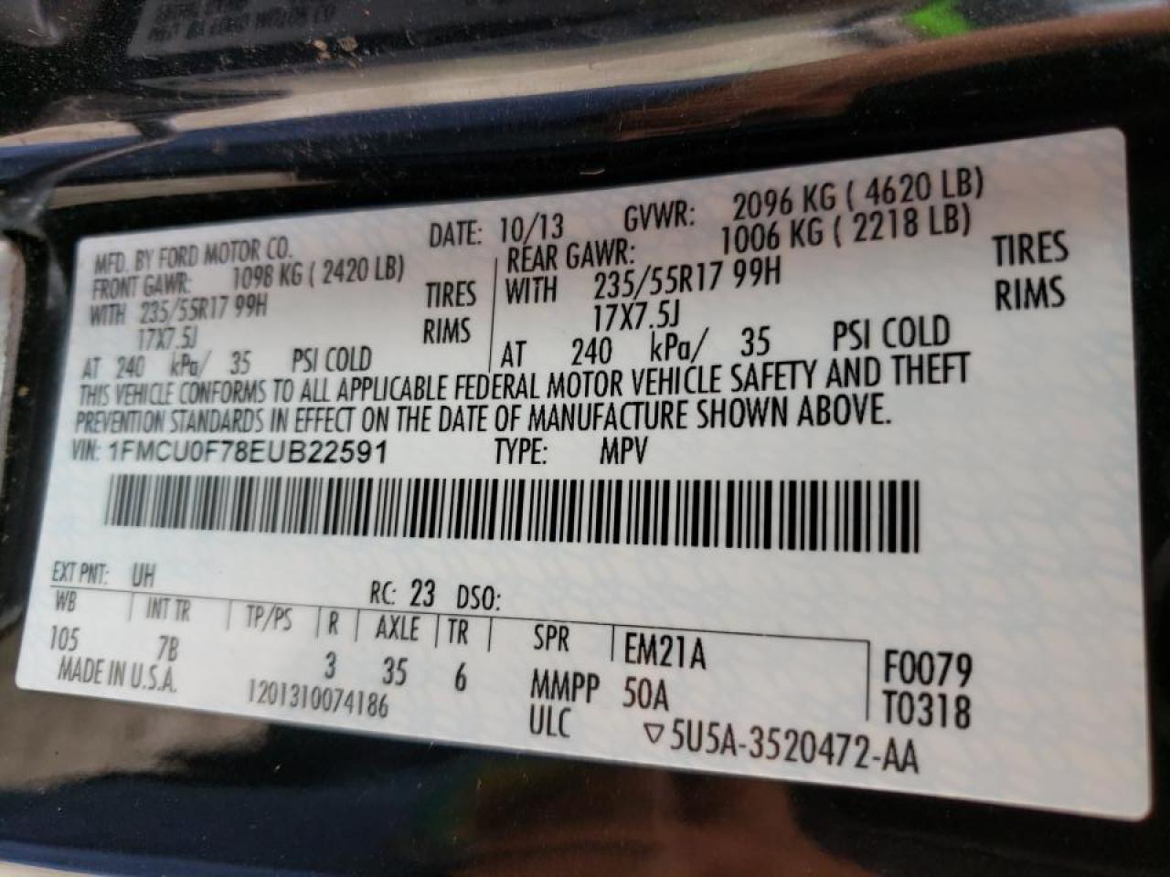Photo 10 from auction – 2014 FORD ESCAPE S with VIN 1FMCU0F78EUB22591