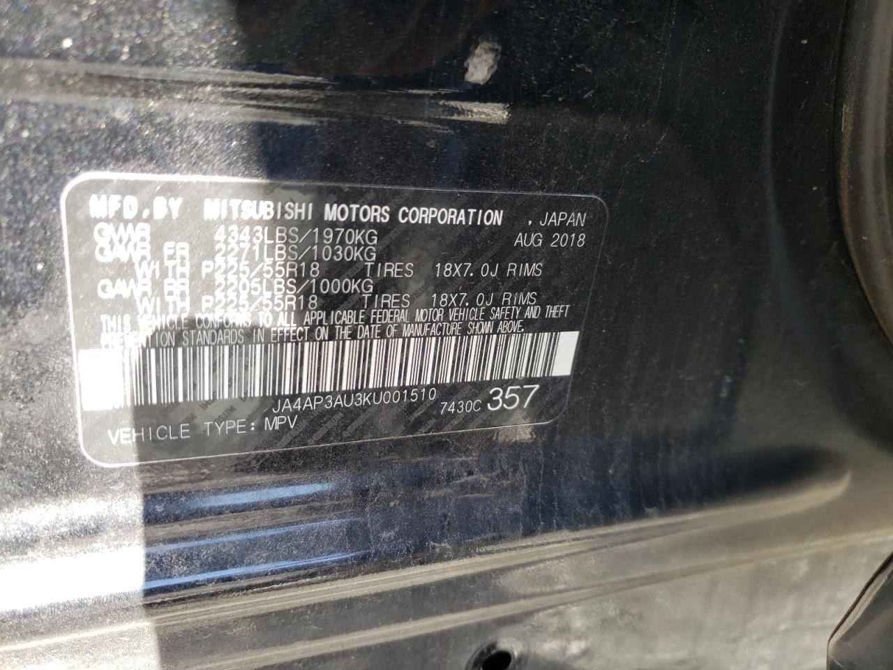 Photo 10 from auction – 2019 MITSUBISHI OUTLANDER with VIN JA4AP3AU3KU001510